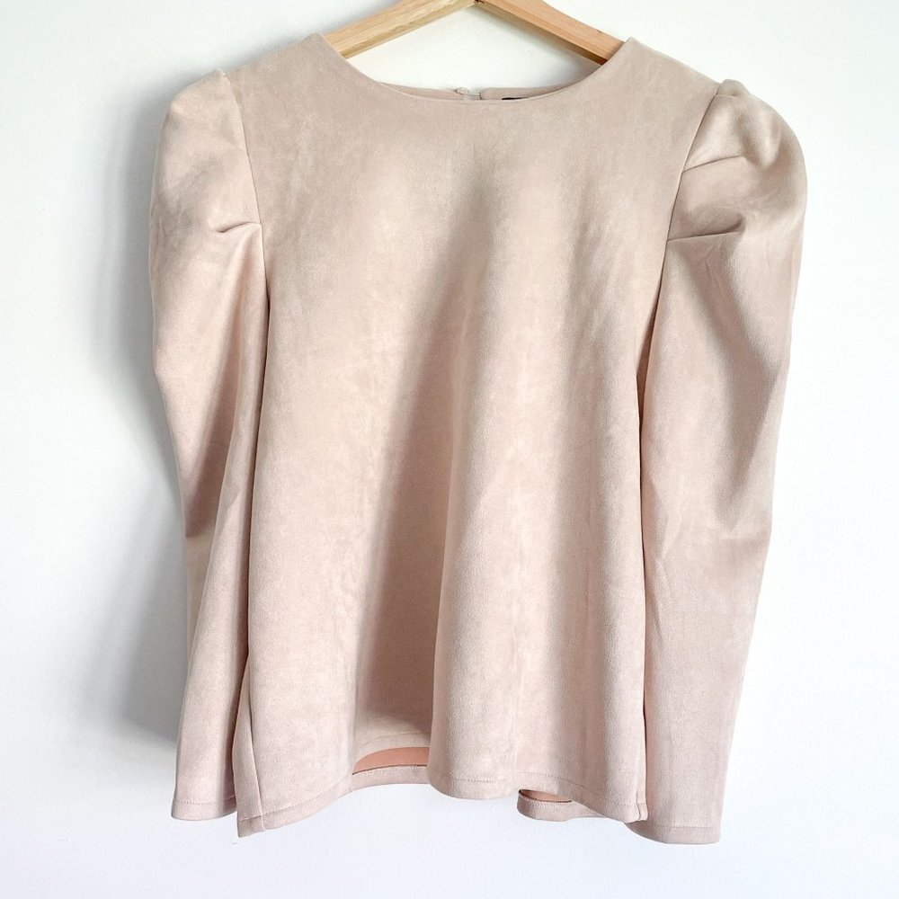Alice Blue Tan Faux Suede Puff Long Sleeve Blouse
